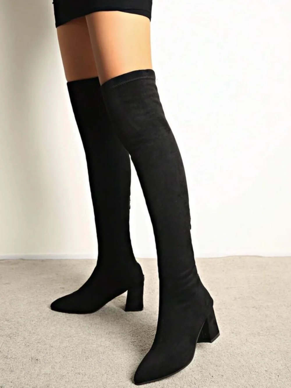 Black Over-The-Knee Suede Boots – Chunky Heel Thigh High Boots - 9.5